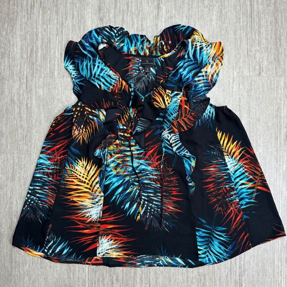Worthington Womens Blouse M Ruffle Collar Sleeves Tropical Floral Beach Tie Up - Picture 1 of 8